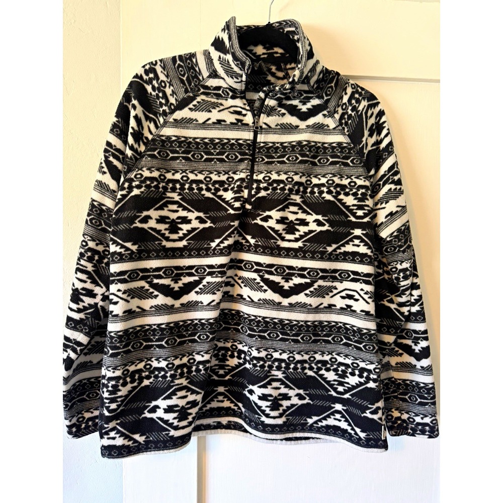 EDDIE BAUER L Black White Aztec Print Fleece 1/4 Zip Pullover Southwestern